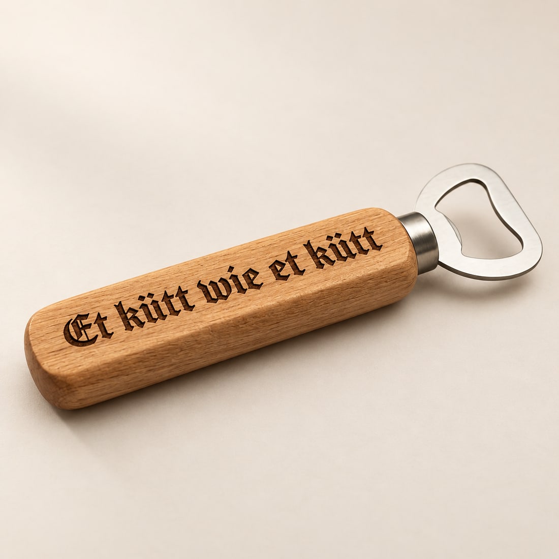 Holz-Flaschenöffner mit Gravur & kölschem Spruch
