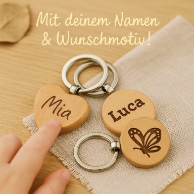 Personalisierte Holzschlüsselanhänger mit Namen und Wunschmotiv