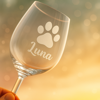 Weinglas mit gravierter Pfote und Name „Luna“