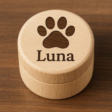Runde Holzdose mit Pfotengravur und Name